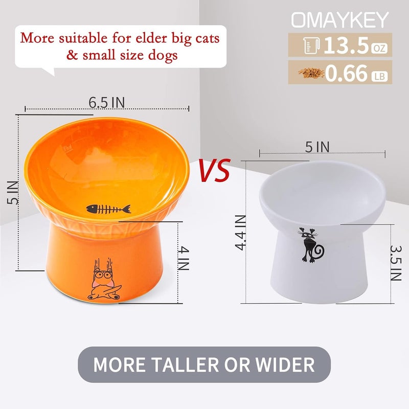 OMAYKEY 6.5 Inch Extra Wide Ceramic Raised Cat Bowl Set, Tilted Elevated Cat Bowls for Food and Water, Prevent Whisker Fatigue, Stress Free, Less Vomiting, Protect Spine, Lead & Cadmium Free, White & Orange - Image 2